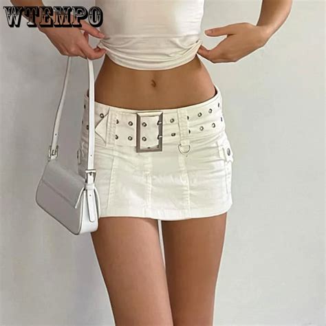 Mini Skirt Y2k Belted Low Waist Micro Skirts Fashion Sexy Pockets White