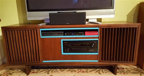 rca console stereo removed turntable  receiver  room  modern components left