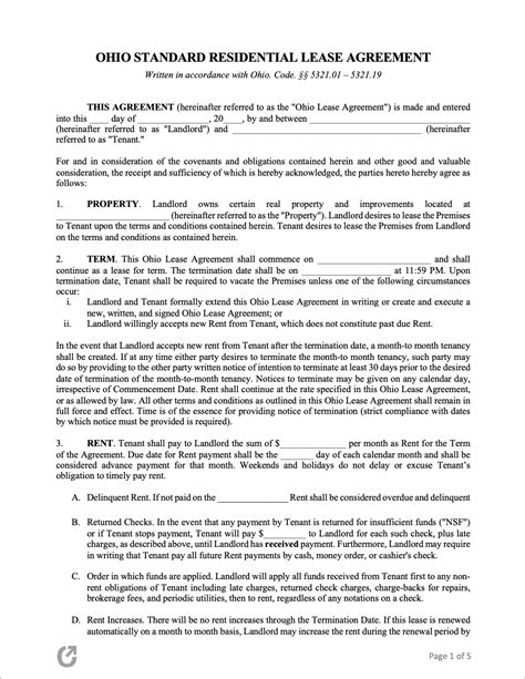 ohio rental lease agreement templates  word rtf