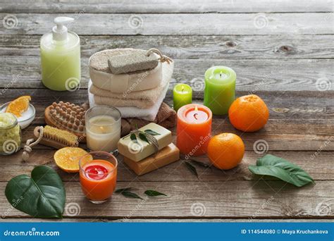 spa concept  orange fruits   wooden background stock photo