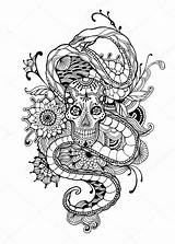 Coloring Skull Snake Adult Tattoo Flowers Illustration Stock Pages Designs Colouring Vector Drawn Hand Flower Color Para Stencils Printables Animal sketch template