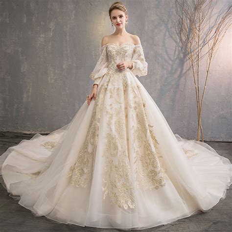 2018 Haute Couture Ball Gown Women Wedding Dress Golden Appliques