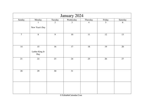 january  printable calendar holidays  version