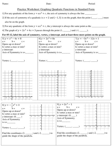 graphing quadratic functions  standard form worksheet