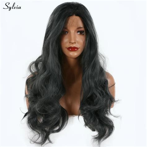 sylvia mixed gray wig long synthetic lace front wigs black roots to