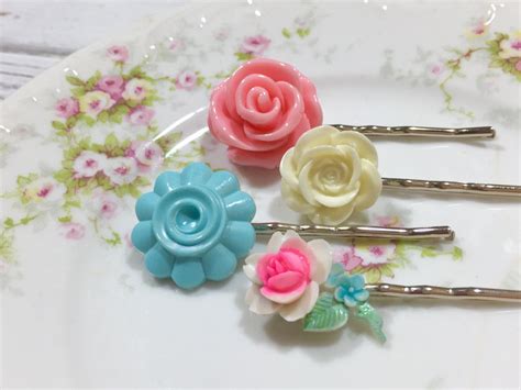 floral hair accessories pastel bobby pin set flower bobby pins pink