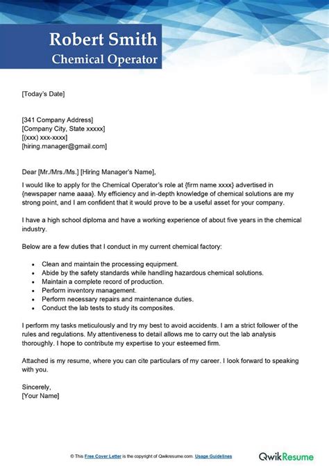 chemical operator cover letter examples qwikresume