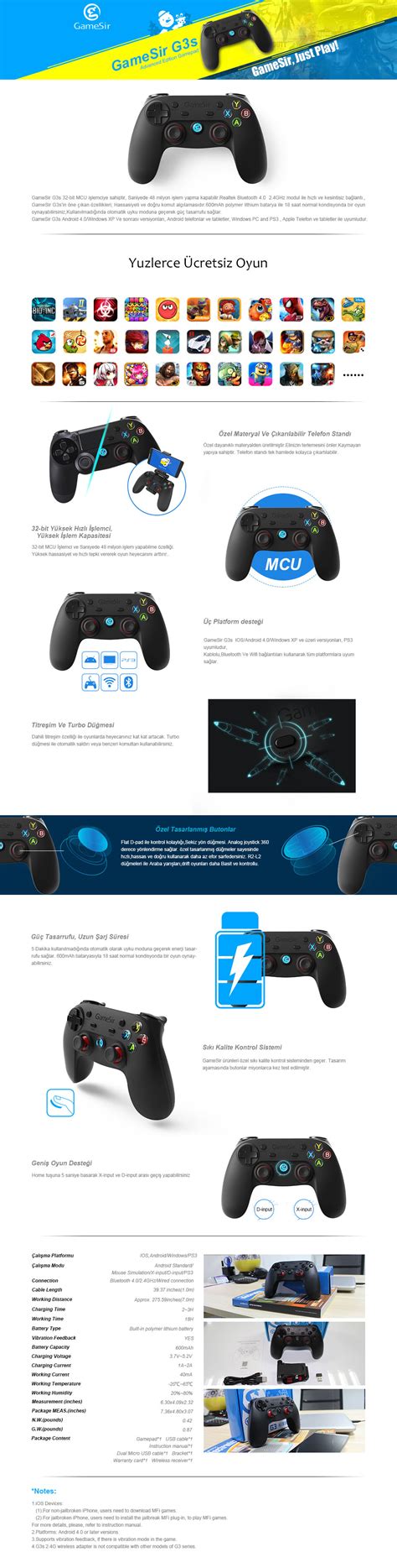 gamesir gs kablosuz bluetooth joystick oyun kolu konsolu fiyati