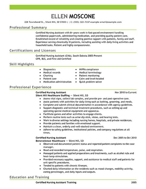 sample resume  nursing assistant restume