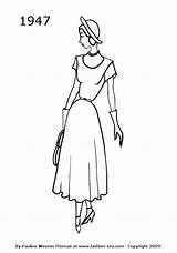 Fashion 1947 1940 1940s Dress Silhouette Dresses History 1950 Drawings Colouring Era Silhouettes Costume Coloring Templates Look Pages 1948 Victorian sketch template