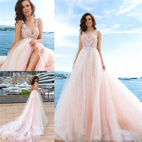 Discount Blush Pink Lace Wedding Dresses 2018 Beach Applique A Line V