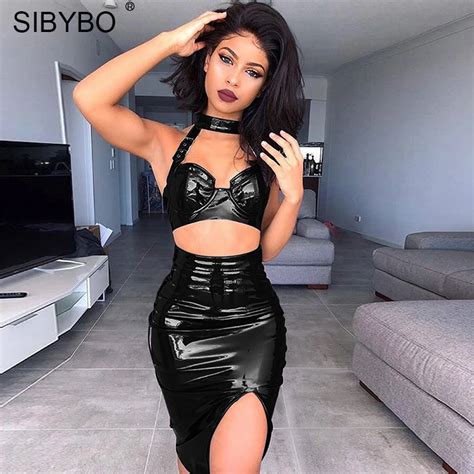 best sibybo strapless halter pu leather two piece set dress women open