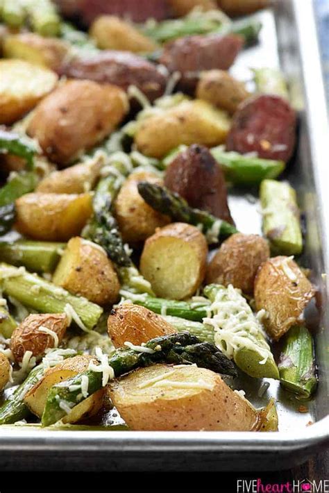 cheesy garlic roasted potatoes  asparagus fivehearthome