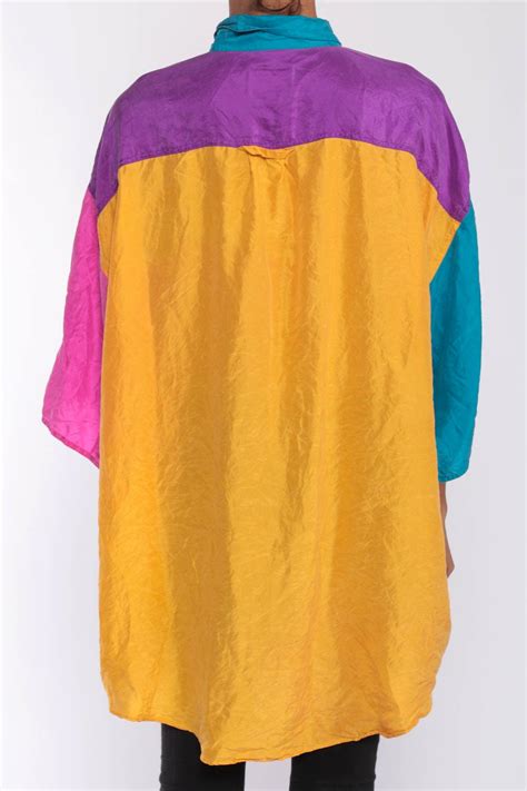 silk color block shirt 90s button up shirt 80s pink yellow