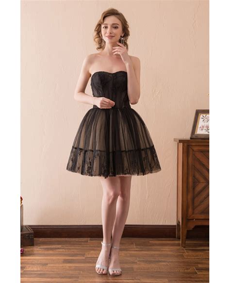 Black Short Tulle Prom Dress Strapless With Lace Trim