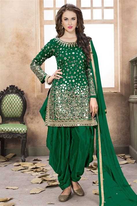 Taffeta Silk Mirror Work Patiala Suit In Green Colour Patiala Dress