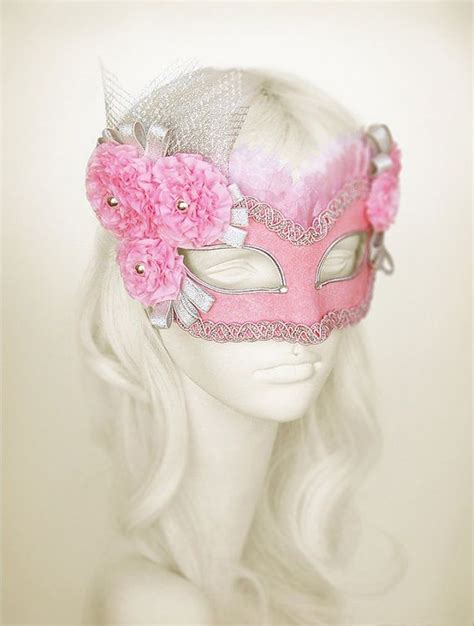 Pink And Silver Masquerade Mask With Pom Pom Flowers Venetian Style