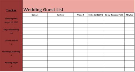 printable wedding guest list templates   spreadsheet
