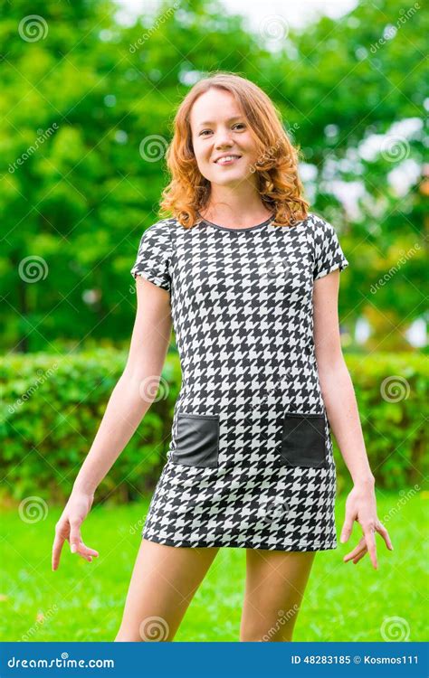 Cute Girl In A Checkered Dress In Park Stock Image Image Of
