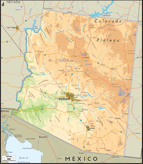 physical map  arizona state usa ezilon maps