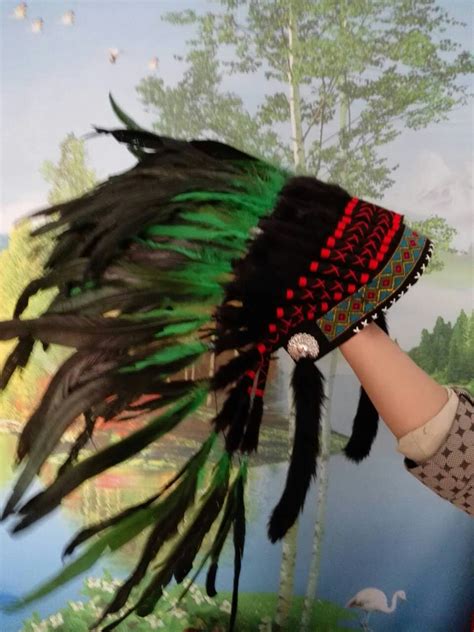 21 Inch Green Indian Headdress Feather Headdress Indian War Bonnet