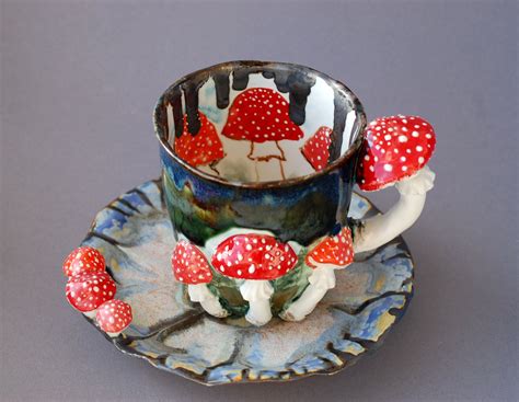mushrohrooms mug saucer  decorblue art mug mushrooms etsy   ceramic tea set