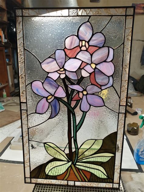 purple orchid flower stained glass panel suncatcher etsy