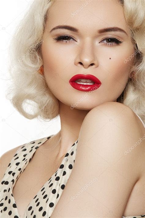 Fashion Portrait Of Beautiful Woman Model With Red Lips