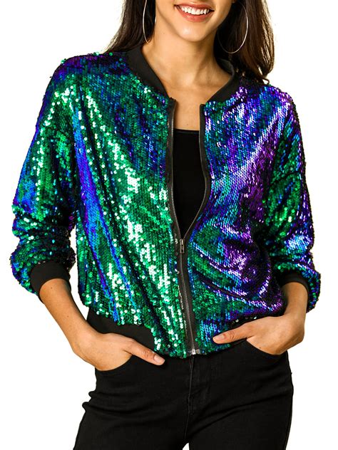 unique bargains womens sparkle sequin long sleeve zipper bomber jacket walmartcom
