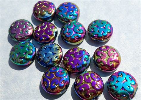 metallic glass beads  carved design rainbow colors mm set   beads glass mosaic