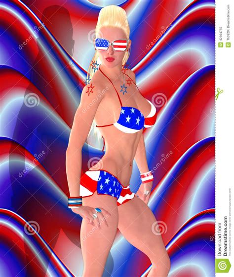 4th Of July Sexy Blonde American Girl In Stars And Stripes Bikini
