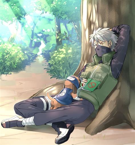 an anime character laying on the ground next to a tree and another