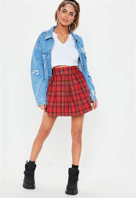 missguided synthetic red plaid print pleated buckle mini skirt lyst