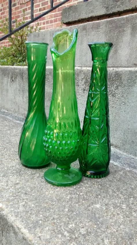 Green Glass Vase Set Of Three Emerald Green Vases Swung Vase Etsy