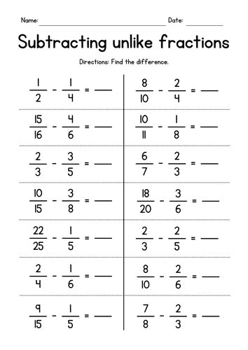 subtraction   fractions subtracting worksheets teaching