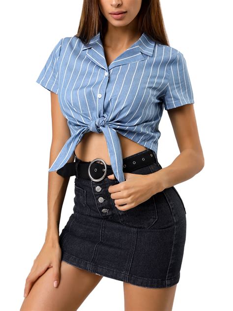 unique bargains women s striped button up short sleeve tie front crop