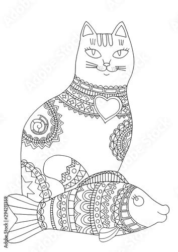 cat  fish coloring page hand drawn coloring book  adults