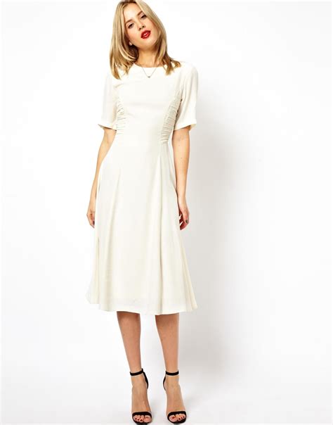 asos midi dress  ruched side detail  natural lyst