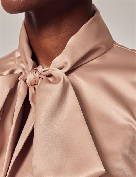 women s taupe fitted satin blouse pussy bow