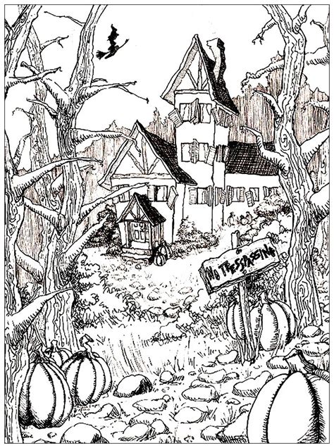haunted house  pumpkins halloween adult coloring pages