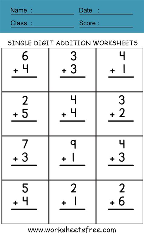 single digit addition sums   worksheets