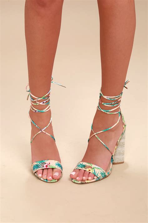 cute tropical print heels lace up heels nude heels