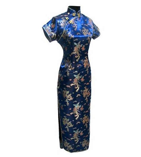 new navy blue chinese lady silk clothing cheongsam qipao robe de soiree