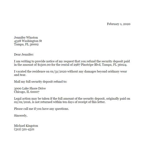 sample letter  landlord requesting security deposit