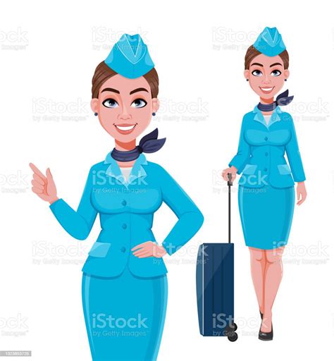 hôtesse de lair en uniforme bleu série de deux poses vecteurs libres de