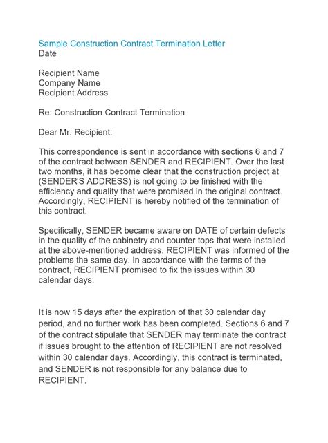 termination  construction contract letter sample contract