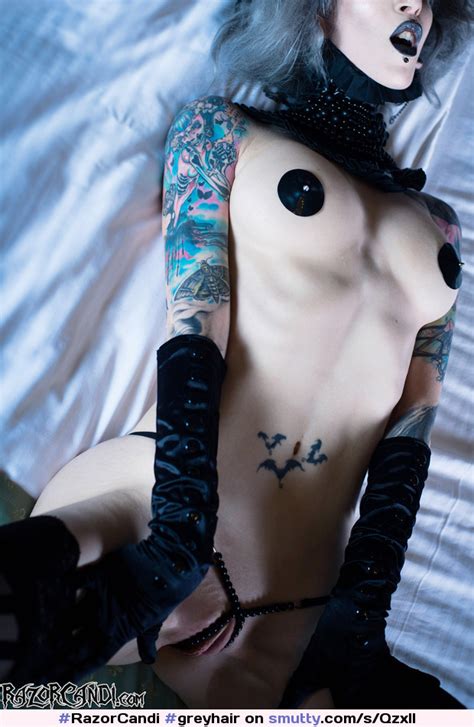 razorcandi greyhair tattooed pierced pale goth gothic gloves