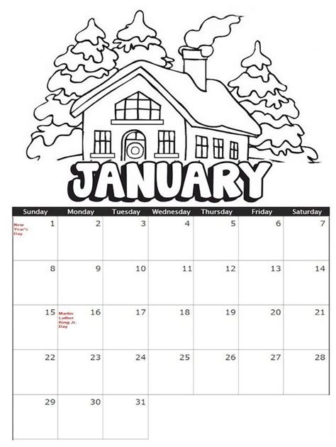 january calendar  winter theme coloring sheet coloring calendar