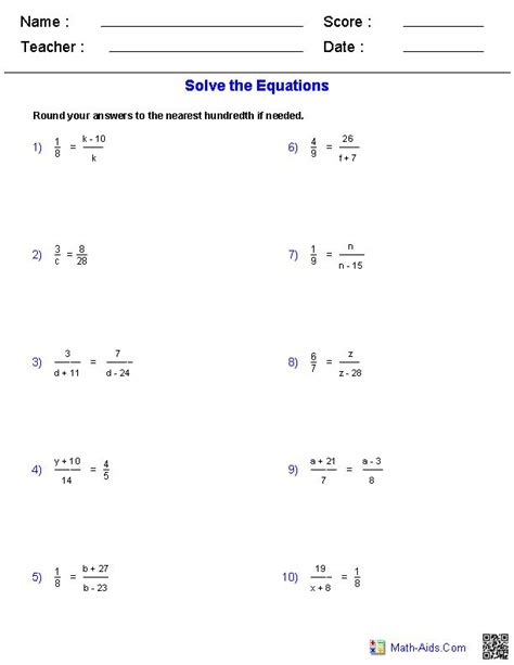 algebra  worksheets equations worksheets
