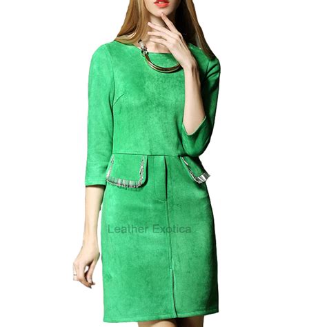 Boat Neck Suede Leather Dress For Women